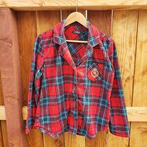 Lauren Ralph Lauren Plaid Piping Crest Super Soft Fleece PJ Top S